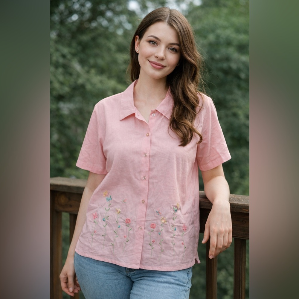 Deadstock Embroidered Butterflies Flowers Pastel Pink Short Sleeve Shirt